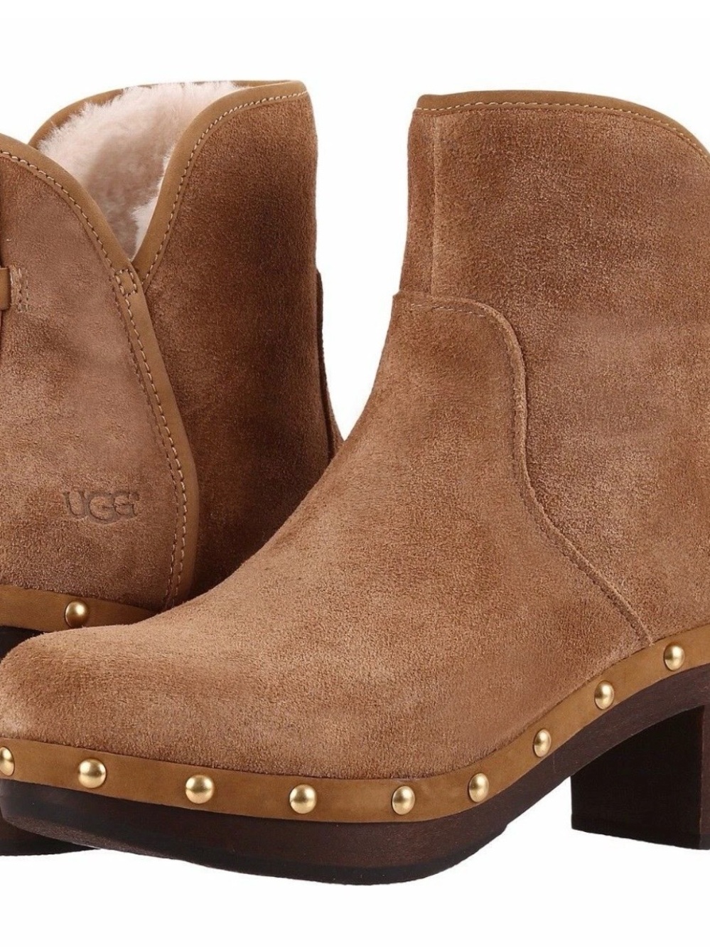 Ugg Cam II chestnut suede wooden heel ankle boots sheepskin lining pull on Sz 8